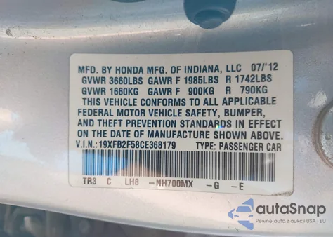 2012 Honda Civic Lx from USA, damaged, VIN 19XFB2F58CE368179